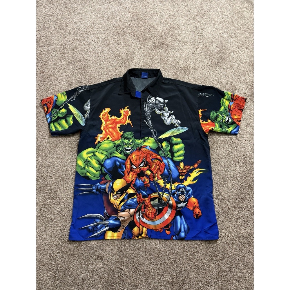 Vtg 2002 Marvel Comics All Over Print Button Up Shirt Spider-Man Wolverine Y2K